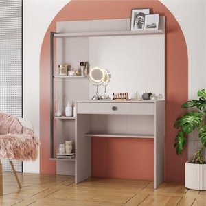Penteadeira Camarim Gaveta com Colmeia Organizadora e Prateleiras Encanto Off White - JCM