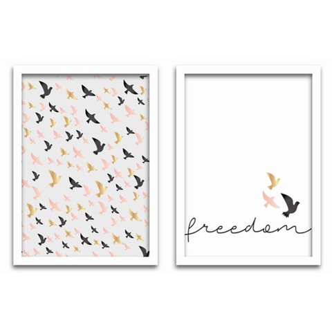 Conjunto Quadros Decorativos 2 Peças 40x60 Freedom Pássaros - Moldura Branca