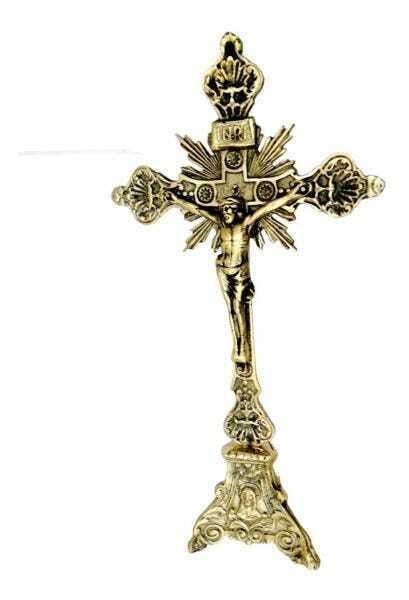 Crucifixo Em Bronze Para Mesas Altares Todo Trabalhado Igrejas Capelas Bispos Fé Esperança Jesus - 2