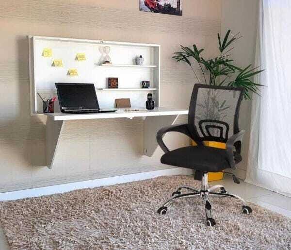 Conjunto Escrivaninha Retrátil Branca + Cadeira Secretária Office Base Giratória - Preta