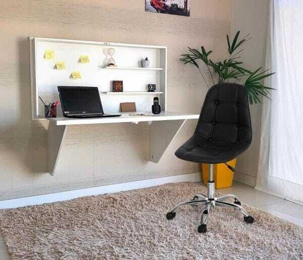 Conjunto Escrivaninha Retrátil Branca + Cadeira Office Botonê Base Giratória - Preta
