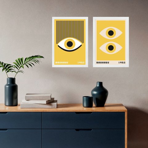 Kit 2 Quadros Arte Bauhaus Olhos Preto e Amarelo 24x18cm:moldura Branca