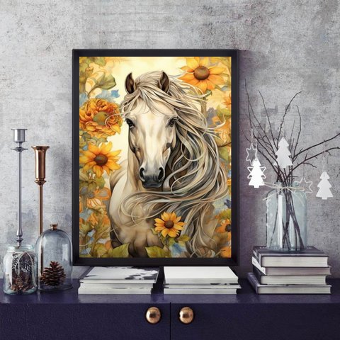 Quadro Cavalo com Girassóis 33x24cm:moldura Preta