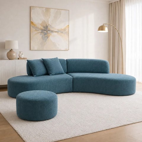 Sofá e Puff Orgânico Virginia 300cm Sala Suede Azul-Royal