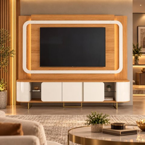 Home para TV Ate 75' 100% MDF com LED Atlanta Jequitibá/Off White Lukaliam