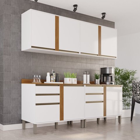 Cozinha Compacta Modulada 4 Peças 8 Portas 4 Gavetas Pérola Branco/Cinamomo