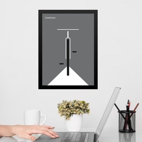 Quadro Minimalista Bauhaus Cinza - Bicicleta 33x24cm:moldura Preta
