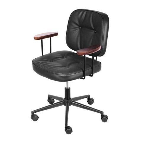 Cadeira Escritório Giratória Ancara Or Design Revestida Pu Preto Braços em Madeira Base Rodízio