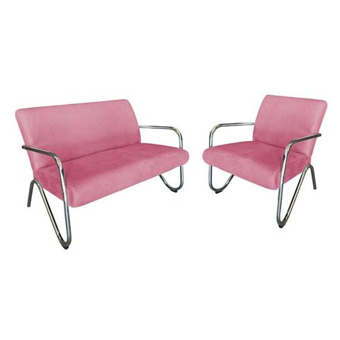 Kit Namoradeira + Poltrona Decorativa Bela Suede Rosa Braço Cromado