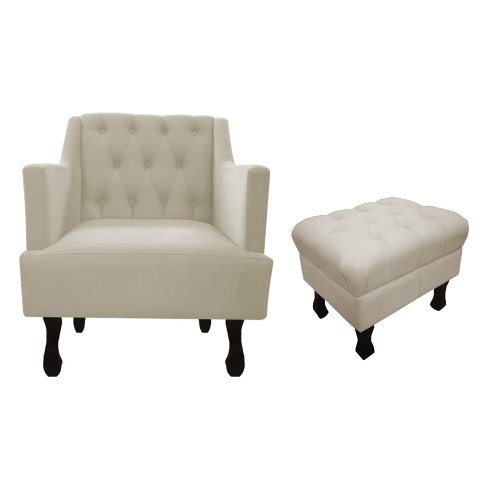 Kit Poltrona Decorativa Julia + Puff Luis Xv Suede Bege Pés Madeira Mz Decor