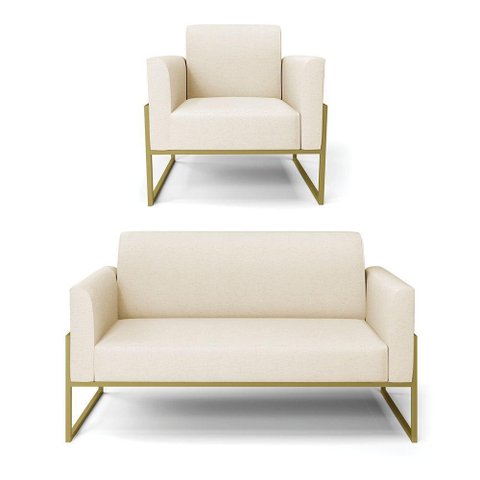 Sofá Namoradeira com Poltrona Base Industrial Alta Dourado Marisa Linho D03 - D\'rossi Cor A19 Bege