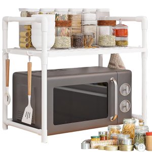 Suporte Rack Microondas Organizador Cozinha Prateleira Gancho Talher Louça Tempero Balcao Armario Co