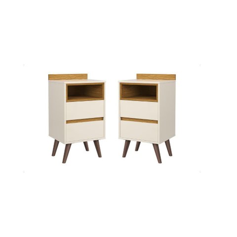Conjunto 2 Mesas de Cabeceira Alamo 2 Gavetas com Pés Retrô - Off White com Nature