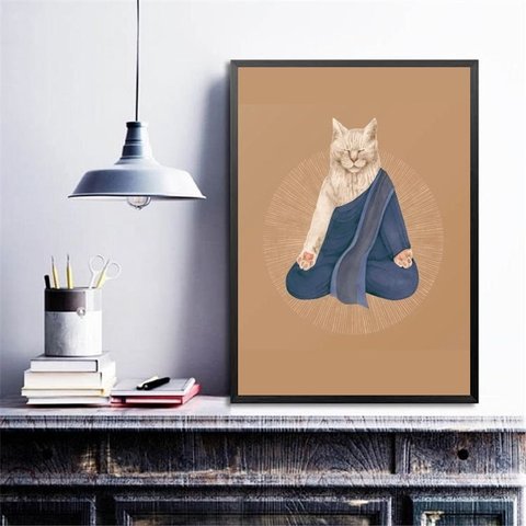 Quadro Decorativo Gato Praticando Yoga 24x18cm - com Vidro:madeira Preta