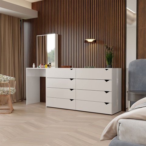 Cômoda Veneza 8 Gavetas com Espelho Creme/Branco - Panorama Móveis