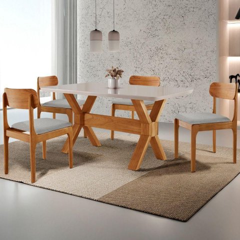 Conjunto Sala de Jantar Star 4 Lugares Tampo MDF Laqueado com Vidro Quartzo Laq Off Cinam Imbuia
