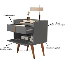 Mesa de Cabeceira Davi Pé Palito Madeira Porta e Gaveta Onix - Comprar Moveis em Casa - 4