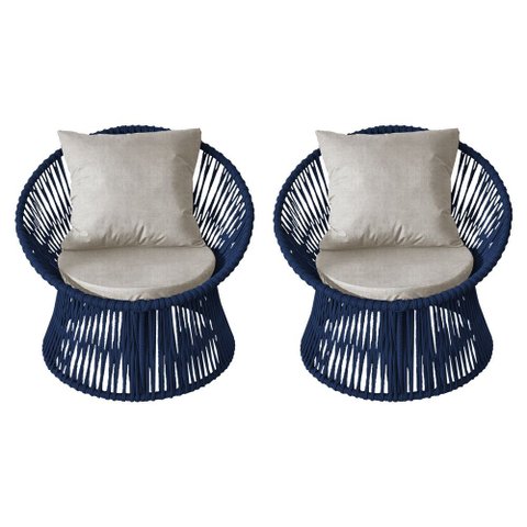 Kit 2 Poltronas Estofada Sol com Almofada em Corda Náutica e Base em Alumínio Cinza/azul Marinho