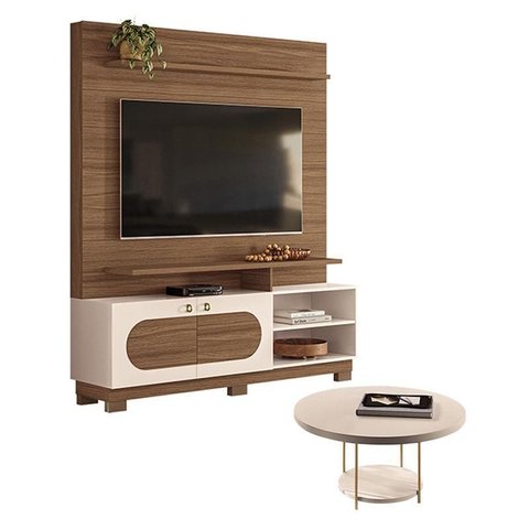 Estante Home Theater Axis Castanho Off White com Mesa de Centro Sky Off White - Hb Móveis