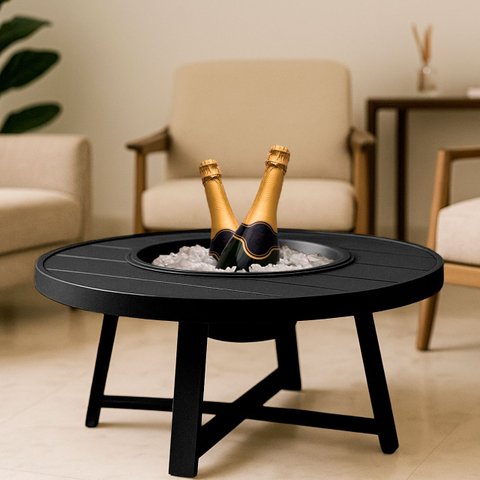 Mesa de Centro Champanheira Zaffi Tampo Alumínio Redondo Ripado Preto com Balde 9 Litros - Arkell
