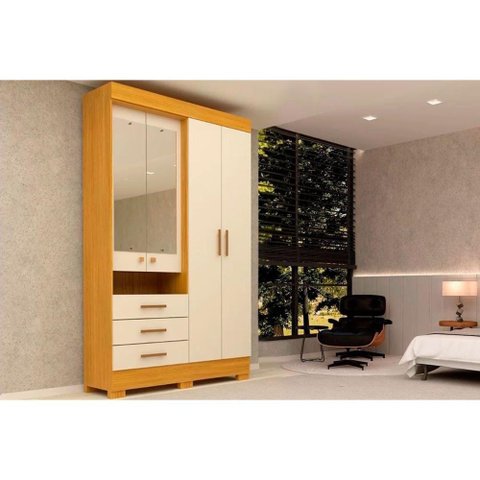 Guarda Roupa Solteiro 4 Portas e 3 Gavetas C- Espelho Débora Nature-off White - Acp
