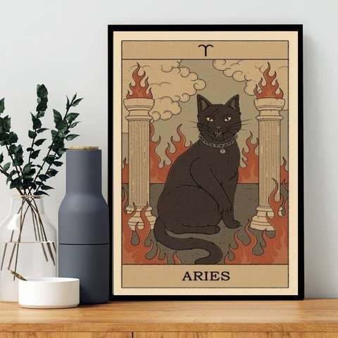 Quadro Carta Tarot Gato Signo Áries 33x24cm - com Vidro:madeira Preta
