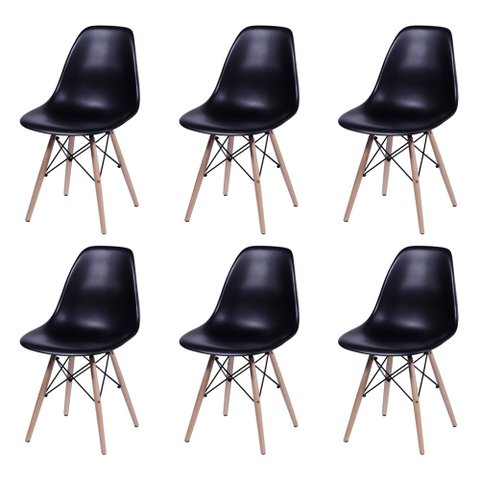 Kit 6 Cadeiras Jantar Eames Eiffel Pés de Madeira com Assento Preto