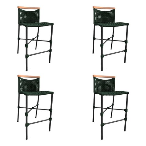 Kit 4 Banquetas Anne em Corda Náutica Base em Alumínio Preta com Detalhe em Madeira Verde Musgo