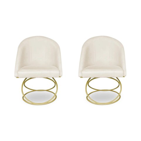 Kit 2 Poltronas Cadeiras De Jantar Luxo Estofada Base Metal Dourado Sala Cozinha Recepção Suede Off 