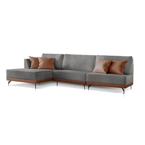 Sofá 4 Lugares Luxo Modulado Linho Cinza Médio 2,80m Chaise Lado Esquerdo