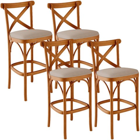 Kit 04 Banquetas Altas Cozinha Bancada Bar Sala Jantar Estofada Ávila L02 Linho Bege Escuro - Lyam L