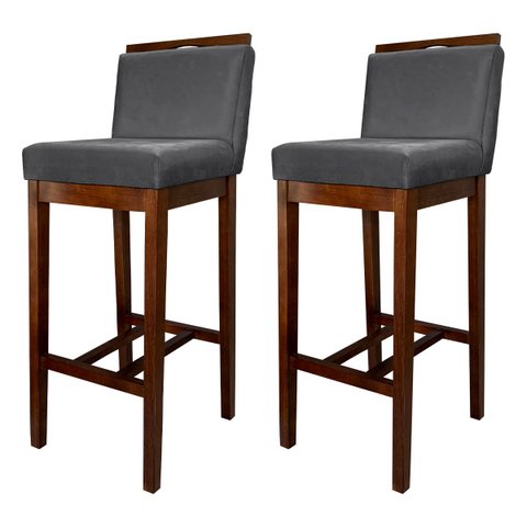 Kit 2 Banquetas Alta para Bancada Ilha Líbia Madeira Capuccino Suede Cinza Ccs