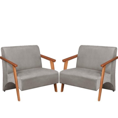 Poltrona Namoradeira Venus Braço Madeira Maciça Suede Unidecor Cinza