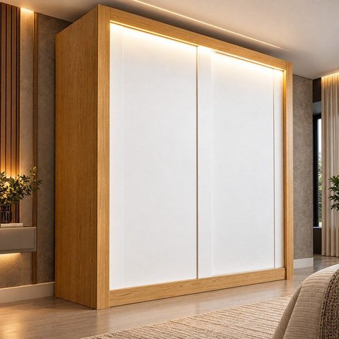Guarda Roupa Casal 100% MDF 2 Portas Correr 4 Gavetas com LED Boston Yescasa Branco Cinamomo