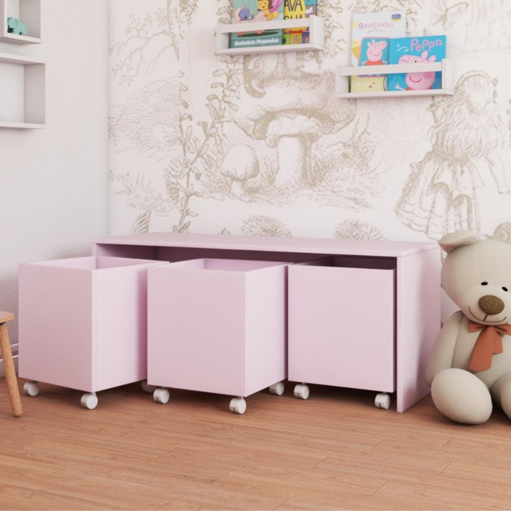 Mesa C/ 3 Baú Organizador de Brinquedos P/ Quarto de Criança Rosa - 3