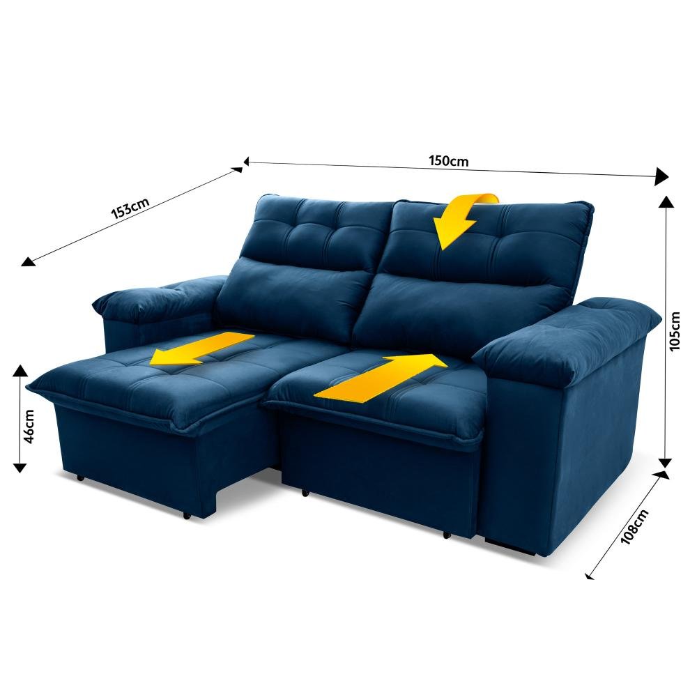 Sofá Retrátil/reclinável Verona 1,50m Suede Velut Azul Marinho C/ Molas no Assento - King House - 3