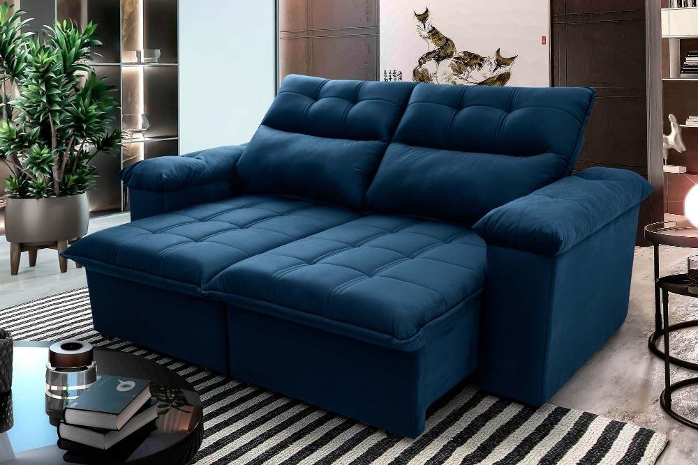 Sofá Retrátil/reclinável Verona 1,50m Suede Velut Azul Marinho C/ Molas no Assento - King House - 2