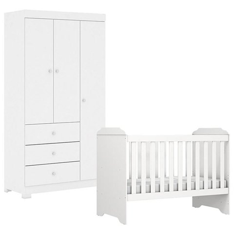 Berço Americano Mini Cama Mel com Guarda Roupa Duda 3 Portas Branco Brilho – Phoenix Baby