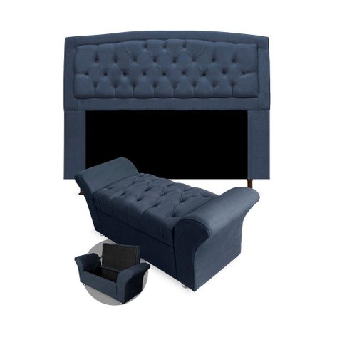 Kit Cabeceira Plus Calçadeira Baú 90cm Azul Marinho