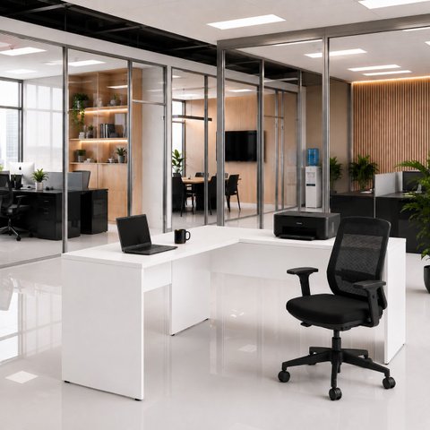 Mesa de Escritório em L 140x60cm + Cadeira Ergonômica Reclinável com Apoio Lombar,Pistão Classe 4