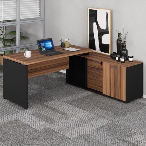 Mesa Diretor Start em L 180 cm com Armário Lateral Marrom/Preto Gebb Work