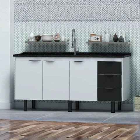 Gabinete Cozinha 3 Portas 3 Gavetas 100% MDF Multiuso 194cm: Branco/Preto