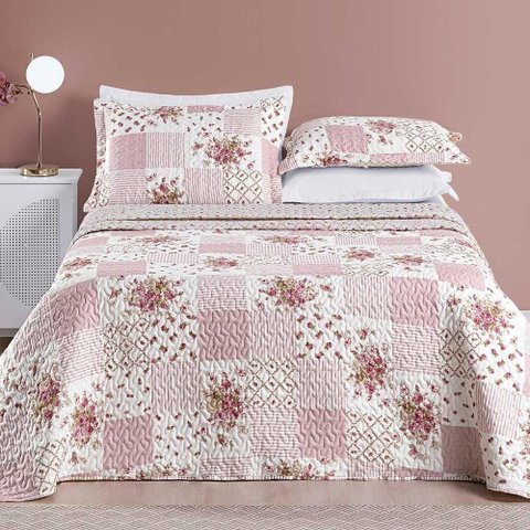 Kit Cobre Leito Colcha Dallas Casal Padrão Dupla Face Estampada 3 Peças - Rosa Matura Patchwork