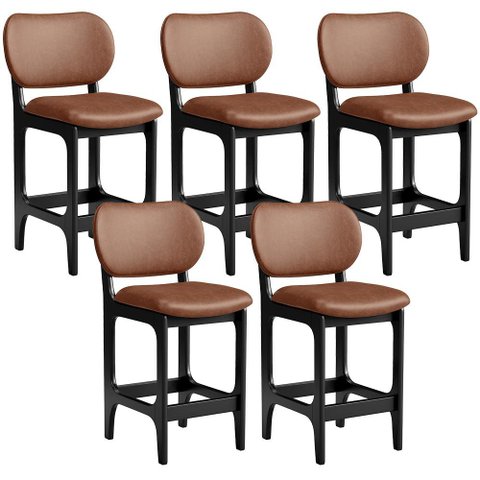 Kit 05 Banquetas Baixa Bar Cozinha E Sala De Jantar Fixa Betta Preto Couríssimo Marrom - Lyam Decor