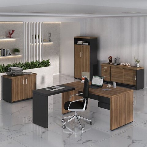 Conjunto Mesa Tamburato 1600, Mesa de Apoio, Balcão, Balcão com Gavetas e Armário Marrom/Nogal com Preto Artany