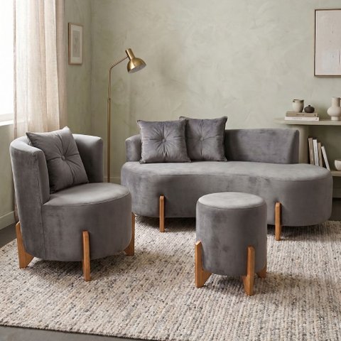 Kit Decorativo Sofá Curvo Orgânico + 01 Puff e Poltrona Luna Veludo Cinza - Montanaris Decor
