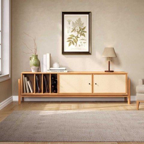 Rack Retrô TV 75 Rattan 185 cm 4 Nichos para Vinil Madeira Freijó Mona Idimex