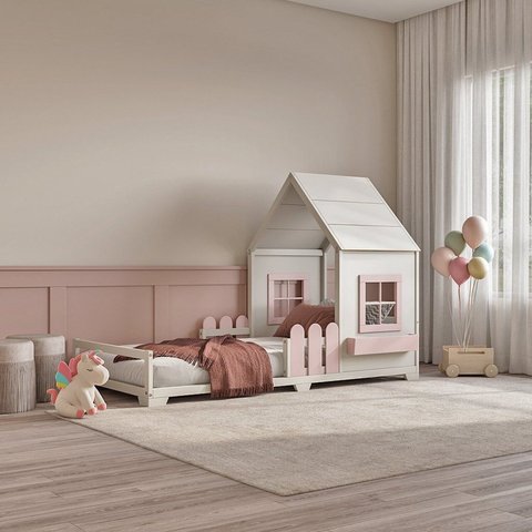 Cama Infantil Montessoriana Solteiro Mariana Branco/Limonada Rosa