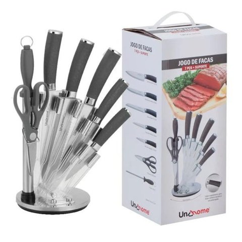 Jogo de Faca + Suporte Cepo 8 Peças Inox Unyhome