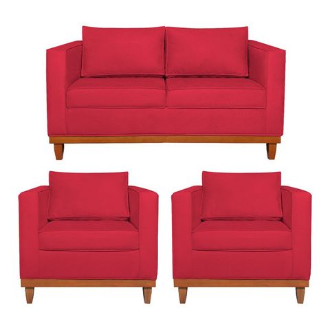 Kit Sofá 3 Lugares e 2 Poltronas Europa 180 cm Estilo Conforto e Elegância Suede Vermelho